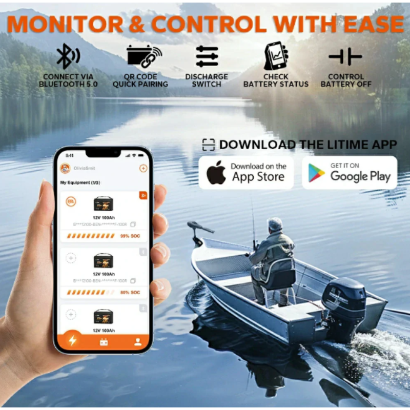 LiTime 12V 100Ah Smart LiFePO4 Marine-Batterie für elektrischen Außenbord-Trolling-Motor – Bild 5