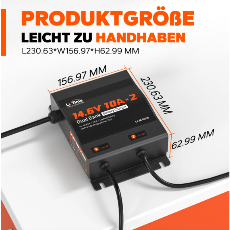 LiTime 14.6V 10A 2-Bank Batterieladegerät IP65 Wasserdicht – Bild 4