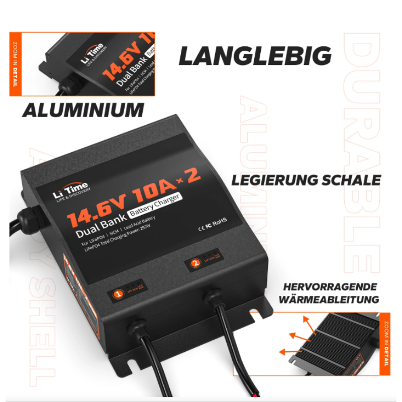 LiTime 14.6V 10A 2-Bank Batterieladegerät IP65 Wasserdicht – Bild 5