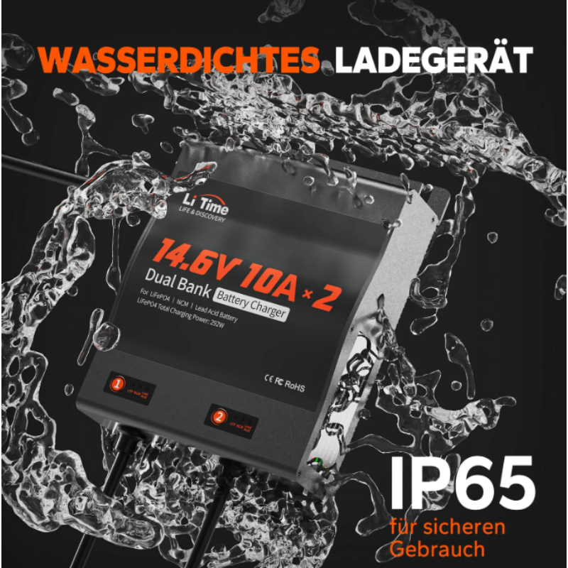 LiTime 14.6V 10A 2-Bank Batterieladegerät IP65 Wasserdicht – Bild 6