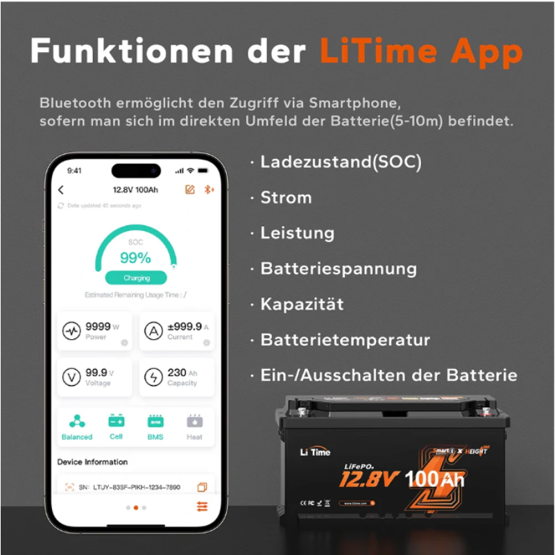 12V 100Ah H190 Deep Cycle LiFePO4 Batterie Mit Bluetooth - Wohnmobil Untersitz DIN H8 L5 Group 49, ECE R10 zertifiziert! – Bild 12