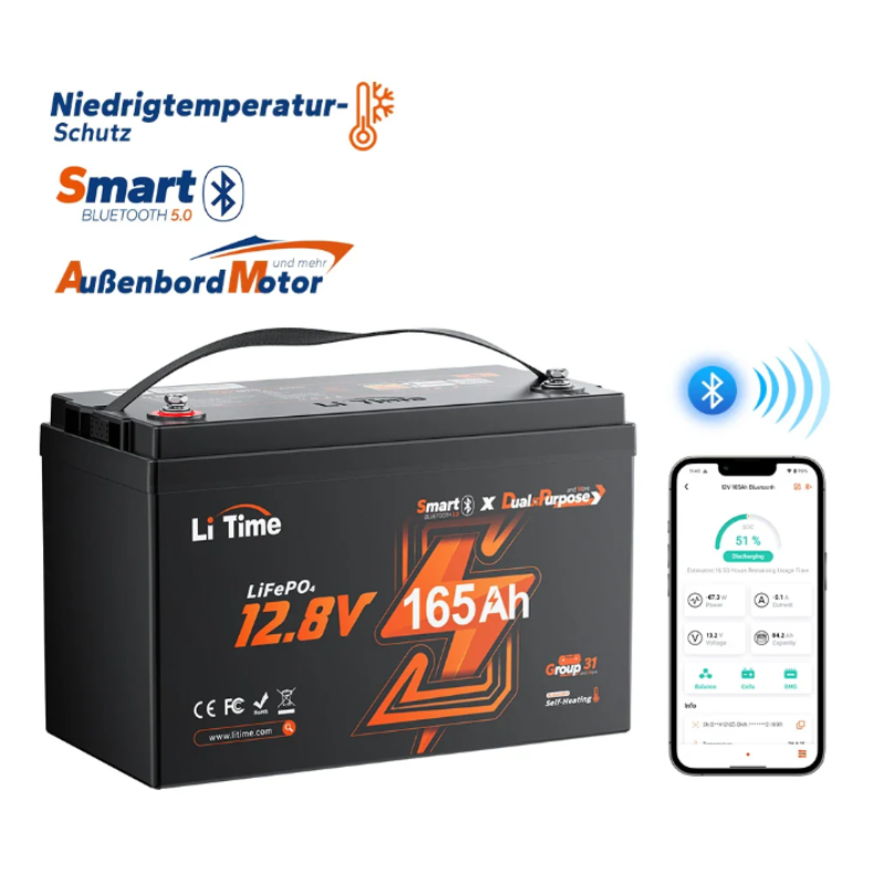 LiTime 12V 165Ah Dual-Purpose LiFePO4-Batterie mit 1200 CCA und Selbstheizung für Wohnmobil und Marine